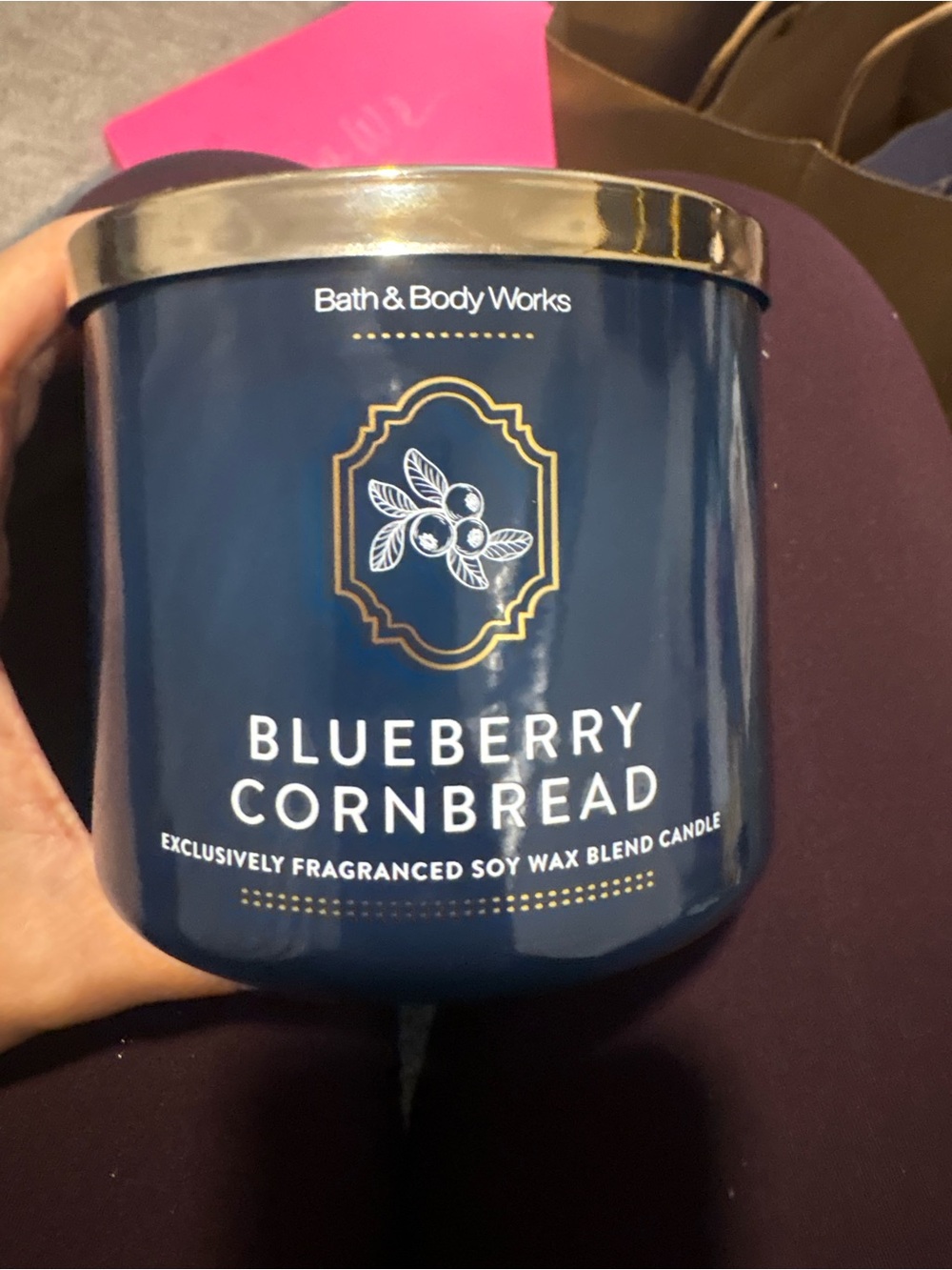 Bath & Body Works Blueberry Cornbread Candle - Navy Blue with Gold Accents